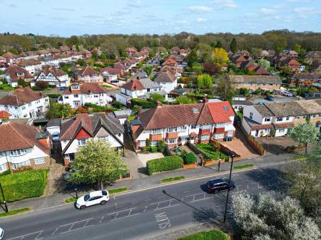 Aerial view of driveway and laurel hedge